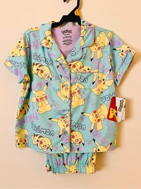 Pikachu Pokémon Kids Mint Pants/Top Pajama Set - Size 10/12 Glitter Buttons